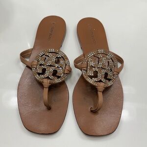 Tory Burch Tan Leather Logo Crystal Sandals